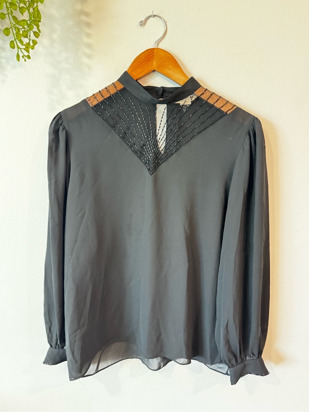 Malbe Black Sheer Yoke Long-Sleeve Women's Top Size 10